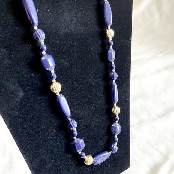Vintage Blue & Gold Beaded Long Necklace - Picture 2 of 4